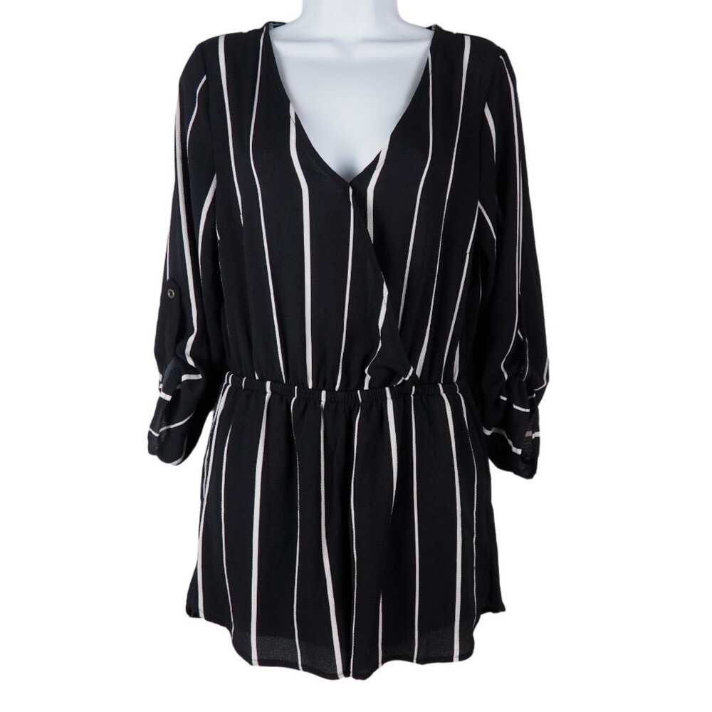 Iris Women's Striped Polyester Romper with Roll Tab Sleeve Size M